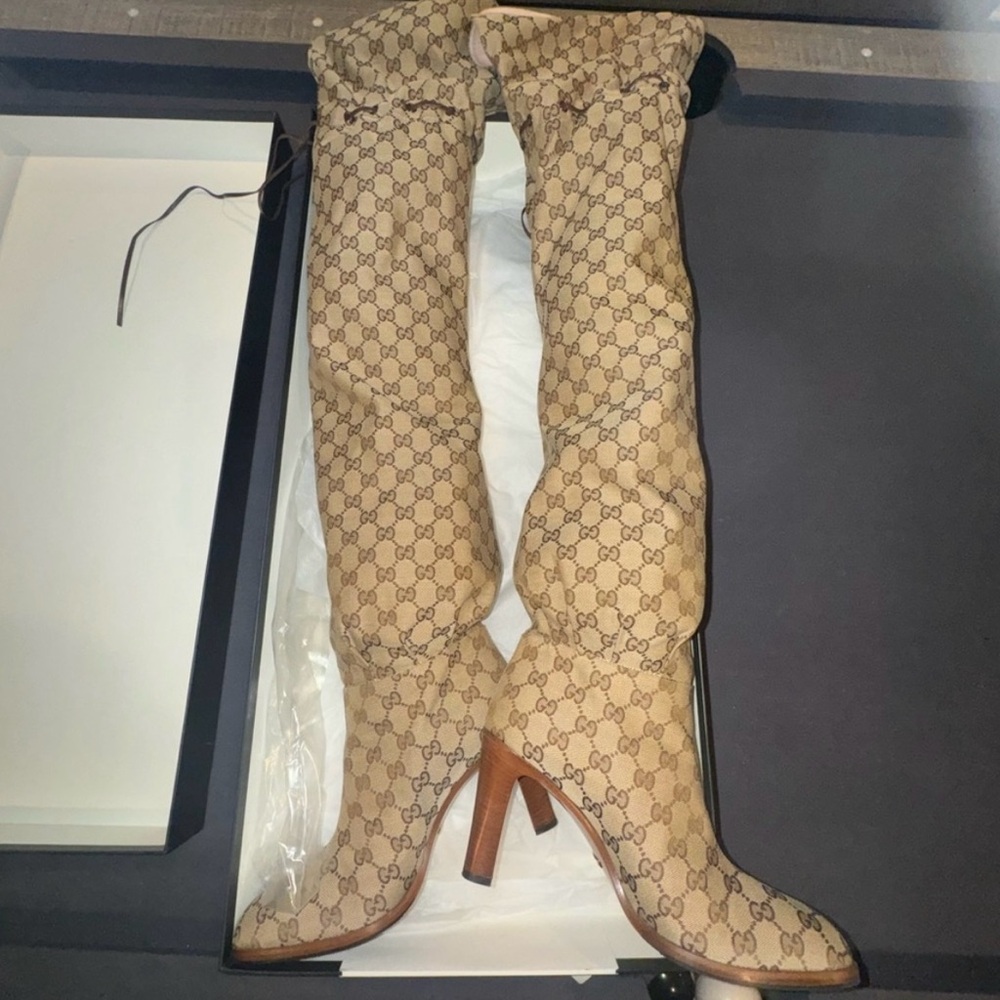 Gucci Lisa over the knee monogram canvas boots